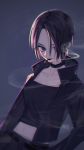  1girl absurdres belt black_choker black_hair black_jacket choker cigarette crop_top grey_background hair_over_one_eye highres huge_filesize iiiep jacket jewelry makeup mouth_hold nana_(series) osaki_nana pants parted_hair short_hair simple_background smoking solo standing 