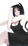  1girl animal_ears bare_arms bare_shoulders black_dress bob_cut breasts brown_eyes cat_ears cat_tail cleavage closed_mouth crossed_arms dress ear_down highres looking_at_viewer no_bra original rizuto short_hair simple_background sitting solo stretch tail white_background 
