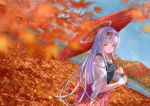  001machi 1girl autumn_leaves blue_sky blurry cloud cowboy_shot day depth_of_field dutch_angle hairband hakama hakama_skirt hip_vent japanese_clothes kantai_collection long_hair looking_at_viewer mountain muneate oriental_umbrella outdoors red_hairband red_hakama shoukaku_(kantai_collection) sky solo umbrella white_hair yellow_eyes 