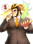  1boy absurdres alternate_costume bara black_hair blonde_hair blush facial_hair finger_to_face formal highres looking_at_viewer male_focus multicolored_hair necktie pectorals sideburns solo streaked_hair stubble suit thick_eyebrows thought_bubble tokyo_houkago_summoners toshun_(momotoshi) upper_body yamasachihiko_(tokyo_houkago_summoners) 