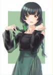  1girl alternate_hairstyle bangs bare_shoulders black_hair black_sweater blunt_bangs border braid brown_eyes collarbone commentary_request cowboy_shot eyebrows_visible_through_hair green_background green_ribbon green_skirt hair_over_shoulder hair_ribbon hands_up haru_283 heart heart_necklace high-waist_skirt highres holding holding_hair idolmaster idolmaster_shiny_colors jewelry light_blush long_hair long_sleeves looking_at_viewer low_twintails mayuzumi_fuyuko off-shoulder_sweater off_shoulder open_mouth outside_border pendant ribbed_sweater ribbon ribbon_braid see-through see-through_sleeves shadow shiny shiny_hair skirt smile solo standing sweater twin_braids twintails twitter_username white_border 