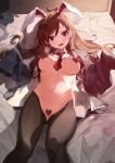  1girl animal_ears bed_sheet between_breasts black_legwear breasts brown_hair bsue bunny_ears character_request commentary_request copyright_request full_body heart_maebari heart_pasties highres long_hair looking_at_viewer lying maebari meme_attire navel necktie on_back on_bed open_clothes oversized_clothes pasties red_eyes red_neckwear reverse_bunnysuit reverse_outfit thighhighs 
