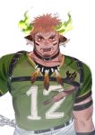  1boy absurdres alternate_costume animal_ears bara blush brown_hair chain chest_harness collar cow_boy cow_ears dog_collar ear_piercing facial_hair forked_eyebrows glowing_horns goatee green_shirt harness highres horns looking_at_viewer male_focus muscle nose_piercing pectorals piercing quirrel_(gharnedanshyo) rugby_uniform shirt short_hair shorts sideburns solo sportswear thick_eyebrows tokyo_houkago_summoners torn_clothes torn_shirt upper_body wakan_tanka white_shorts 