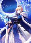  1girl ahoge armor armored_dress artoria_pendragon_(all) blonde_hair blue_eyes braid capelet cloak cloud crown dress excalibur fallstreak_hole fate/grand_order fate_(series) gauntlets hair_ribbon highres long_sleeves looking_at_viewer rangu ribbon saber solo sword weapon 