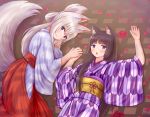  2girls :&lt; :3 absurdres animal_ears bangs black_hair blue_eyes blush cat_ears closed_mouth commentary_request eyebrows_visible_through_hair flower folded_ponytail fox_ears fox_girl fox_tail hair_between_eyes hakama highres iroha_(iroha_matsurika) japanese_clothes kimono long_hair long_sleeves looking_at_viewer lying miko multiple_girls obi on_back open_mouth original petals purple_eyes purple_kimono red_flower red_hakama sash silver_hair tail tail_raised triangle_mouth very_long_hair white_kimono wide_sleeves yagasuri 