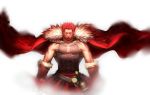  1boy backlighting bare_shoulders beard blurry_foreground bracer breastplate cape cleavage_cutout clothing_cutout facial_hair fate/grand_order fate/zero fate_(series) floating floating_cape floating_object fur-trimmed_cape fur_trim highres iskandar_(fate) kasei_yukimitsu leather male_focus muscle no_eyes pectorals pixiv_fate/grand_order_contest_1 red_cape red_hair short_hair solo veins white_background 