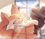  1girl animal_ear_fluff animal_ears ass blue_sky blush braixen closed_mouth cloud commentary_request day fox_ears fox_tail furry gen_6_pokemon half-closed_eyes happy highres indoors legs_up looking_away looking_to_the_side lying on_back on_bed pokemon pokemon_(creature) red_eyes sky smile solo tail tree window yupo_0322 