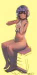  1girl :/ barefoot bow_(bhp) brown_eyes closed_mouth dark_skin dark_skinned_female full_body hands_up looking_at_viewer naked_towel navel nude original purple_hair signature sitting solo sweat towel wet yellow_background 