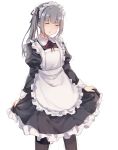  1girl alternate_costume apron black_dress black_legwear closed_eyes dress enmaided feet_out_of_frame frilled_apron frills grey_hair kansho_(stm_735) kantai_collection kasumi_(kantai_collection) long_hair maid maid_headdress sex_toy side_ponytail simple_background skirt_hold solo trembling vibrator white_apron white_background 