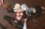  2girls absurdres ak-12_(girls_frontline) all_fours an-94_(girls_frontline) aqua_eyes ball_gag bdsm black_legwear blonde_hair blush bound bound_arms bound_legs christmas closed_eyes collarbone commentary_request crop_top dildo eyebrows_visible_through_hair gag girls_frontline highres long_hair looking_at_viewer lying multiple_girls navel nipples object_insertion on_back on_floor pubic_tattoo rope roundschen self_shot selfie_stick sex_toy shibari silver_hair stirrup_legwear tattoo toeless_legwear vaginal vaginal_object_insertion vibrator yuri 