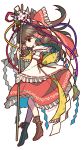 1girl ascot bangs boots bow brown_eyes brown_footwear brown_hair closed_mouth detached_sleeves flower frilled_bow frilled_hair_tubes frills full_body gohei hair_bow hair_tubes hakurei_reimu highres holding japanese_clothes leaf long_hair looking_at_viewer miko red_bow red_ribbon red_shirt red_skirt ribbon ribbon-trimmed_sleeves ribbon_trim shirt simple_background skirt socha solo touhou twitter_username white_background wide_sleeves yellow_neckwear yellow_ribbon 