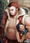 1boy abs alternate_costume bara bare_pecs bare_shoulders beard bihu_(smallpot88) christmas christmas_tree elbow_gloves facial_hair fate/grand_order fate/zero fate_(series) fur-trimmed_jacket fur_trim gloves highres iskandar_(fate) jacket leather leather_pants looking_at_viewer male_focus muscle navel pants pectorals red_eyes red_hair short_hair sleeveless sleeveless_jacket solo stuffed_toy upper_body waver_velvet 
