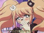  1990s_(style) 1girl bangs bear_hair_ornament bespectacled black_jacket blush commentary criis-chan danganronpa english_text enoshima_junko eyebrows_visible_through_hair face fingernails glasses hair_ornament hand_up hands_on_own_face jacket long_hair looking_at_viewer multicolored nail_polish new_danganronpa_v3 red_nails solo spoilers symbol-shaped_pupils twintails 