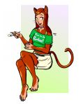  2019 adstn alternate_species bottomwear breasts clothing collar domestic_cat ear_piercing ear_ring felid feline felis female hair hi_res holding_fork human humanoid hybrid implied_transformation looking_aside mammal piercing red_hair sam_(totally_spies!) simple_background sitting skirt smile solo species_transformation totally_spies! transformation whiskers white_background 