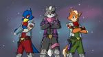  2018 5_fingers abs anthro avian bandanna beak blue_body blue_eyes blue_feathers canid canine canis clothing crossed_arms eye_patch eye_scar eyebrows eyewear falco_lombardi feathers fingers fox fox_mccloud fur gloves green_eyes grey_body grey_fur handwear jacket jde10 kerchief male mammal nintendo orange_body orange_fur red_body red_eyes red_feathers scar star_fox tan_body tan_fur topwear video_games white_body white_fur wolf wolf_o&#039;donnell 