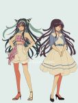  2girls alternate_costume bangs bare_arms bare_shoulders belt black_footwear black_hair blue_belt blue_hair blue_jacket blush collarbone contemporary criis-chan danganronpa dress hands_on_hips high-waist_shorts high_heels jacket long_hair looking_at_viewer messy_hair midriff mioda_ibuki multiple_girls open_mouth own_hands_together pantyhose plaid plaid_belt plaid_shirt purple_hair red_hair ribbon-trimmed_shorts ribbon_trim shirt shoes shorts simple_background smile standing striped super_danganronpa_2 symbol_commentary tsumiki_mikan twitter_username upper_teeth v_arms watermark white_dress white_hair white_shorts 