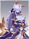  1girl blue_dress blue_skin blush breasts capelet commentary covered_eyes dress facing_viewer grey_background hair_over_eyes highres horns large_breasts light_smile long_hair monster_girl monster_girl_encyclopedia open_clothes open_dress pointy_ears purple_hair simple_background slug_girl solo tritonia_(monster_girl_encyclopedia) very_long_hair wide_sleeves yonaga 