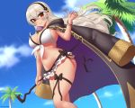  bikini blush bow breasts cape cleavage clouds fire_emblem fire_emblem_fates fire_emblem_if gray_hair headband hoodie kamui_(fire_emblem) kuroonehalf long_hair red_eyes ribbons sky staff swimsuit tree watermark wristwear 