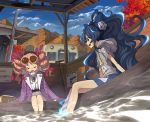  2girls ashiyu aura autumn autumn_leaves bag belt blue_eyes blue_hair blue_skirt blue_sky blush_stickers bow broom closed_eyes cloud commentary_request debt drawstring dress drill_hair eyewear_on_head fisheye grey_hoodie ground_vehicle hair_bow handbag hat highres hood hood_down hoodie jacket jewelry leaning_to_the_side long_hair long_sleeves looking_at_another mini_hat mini_top_hat miniskirt mountain multiple_girls necklace open_clothes open_jacket open_mouth pendant pink_hair ponytail purple_jacket scenery shope short_hair siblings sideways_mouth sign sisters sitting skirt sky soaking_feet sunglasses top_hat touhou train train_station twin_drills unmoving_pattern very_long_hair white_dress yorigami_jo&#039;on yorigami_shion 