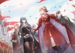  armor black_hair brown_hair byleth_(fire_emblem) byleth_(fire_emblem)_(female) cape dorothea_arnault edelgard_von_hresvelg ferdinand_von_aegir fire_emblem fire_emblem:_three_houses flag highres holding_hands horned_headwear hubert_von_vestra langlang orange_hair petals polearm red_cape silver_hair smile spear tiara weapon 