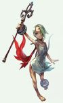  1girl barefoot breath_of_fire breath_of_fire_v dress facial_mark feet full_body_tattoo green_hair hair_over_one_eye hungry_clicker nina_(breath_of_fire_v) red_wings short_hair simple_background solo tattoo weapon white_dress wings 