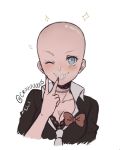  1girl alternate_hairstyle bald bald_girl bangs black_bra black_choker black_shirt blue_eyes blush bow bra choker collarbone criis-chan cropped_shoulders danganronpa danganronpa_1 english_commentary enoshima_junko finger_to_mouth grin hand_up looking_at_viewer one_eye_closed red_bow red_nails shirt simple_background smile solo sparkle twitter_username underwear v white_background 