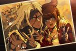  2girls :d asahina_aoi bandages bangs blue_eyes breasts brown_hair cleavage collarbone commentary_request criis-chan danganronpa danganronpa_1 dark_skin dark_skinned_female double_v english_text eyebrows_visible_through_hair facial_scar hair_ornament hand_on_another&#039;s_shoulder happy_birthday jacket large_breasts long_hair long_sleeves looking_at_viewer multiple_girls muscle muscular_female neckerchief oogami_sakura open_mouth parted_bangs photo_(object) ponytail red_jacket sailor_collar scar school_uniform serafuku shirt smile symbol_commentary tears torn_clothes torn_shirt twitter_username upper_teeth v 