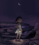  1girl bangs barefoot brown_hair crescent_moon dark dress glowing green_eyes highres holding holding_lantern kapura lantern looking_at_viewer moon night original outdoors rock solo water white_dress wide_shot 