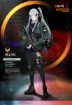  1girl agent_416_(girls_frontline) assault_rifle backpack bag boots chinese_commentary chinese_text commentary_request crossover emblem english_text explosive girls_frontline gloves green_eyes grenade gun h&amp;k_hk416 headphones holding holding_gun holding_weapon jacket knee_pads laser_pointer long_hair official_art ponytail rifle rope scope shorts silver_hair solo thighhighs tom_clancy&#039;s_the_division watch weapon wristwatch 