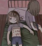  2girls bed black_shorts brown_hair cuts english_text expressionless green_eyes highres injury kapura long_hair looking_at_viewer multiple_girls original pillow purple_shirt shirt shorts signature sitting 