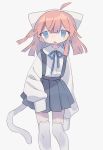  1girl :o absurdres ahoge animal_band_legwear animal_ears bangs black_skirt blue_eyes blue_neckwear blue_ribbon blunt_bangs blunt_ends cat_band_legwear cat_ears cat_tail collared_shirt contrapposto daizu_(melon-lemon) eyebrows_visible_through_hair fake_animal_ears feet_out_of_frame floating_hair furrowed_eyebrows grey_background hairband highres long_sleeves looking_at_viewer medium_hair neck_ribbon no_nose open_mouth original pale_skin pink_hair pleated_skirt ribbon shirt simple_background skirt sleeves_past_wrists solo suspender_skirt suspenders sweat tail tearing_up tears thighhighs white_hairband white_legwear white_shirt zettai_ryouiki 