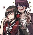  1boy 1girl :d anger_vein bangs bespectacled black_hair black_sailor_collar blue-framed_eyewear blunt_bangs bow brown_hair collarbone collared_shirt criis-chan danganronpa facial_hair frown glasses goatee grey_background grey_shirt hair_ornament hair_scrunchie hand_on_another&#039;s_shoulder harukawa_maki jacket long_hair long_sleeves looking_at_viewer low_twintails mole mole_under_eye momota_kaito new_danganronpa_v3 open_mouth purple_jacket red-framed_eyewear red_scrunchie red_shirt sailor_collar school_uniform scrunchie semi-rimless_eyewear serafuku shirt simple_background sleeves_past_elbows smile sparkle spiked_hair sweatdrop twintails under-rim_eyewear upper_body upper_teeth v white_bow 