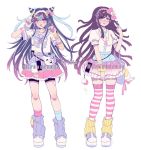  2girls alternate_costume bag bandages bandaid bandaid_on_nose bangs black_hair blue_hair blush bow bracelet commentary criis-chan danganronpa frilled_bow frilled_skirt frills full_body grey_background hair_ornament hand_up handbag jewelry kneehighs long_hair looking_at_viewer mioda_ibuki mismatched_legwear monokuma monomi_(danganronpa) multicolored multicolored_clothes multicolored_hair multiple_girls open_mouth pink_bow pink_eyes pink_hair pink_legwear pink_skirt polka_dot polka_dot_bow puffy_short_sleeves puffy_sleeves purple_hair shirt shoes short_sleeves simple_background skirt smile standing striped striped_legwear super_danganronpa_2 thighhighs tsumiki_mikan twitter_username upper_teeth white_hair white_legwear white_shirt zettai_ryouiki 