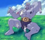  2020 ?! abs ball_fondling balls balls_outline bodily_fluids bottomwear bulge championship_belt clothing cloud disembodied_hand fondling genital_outline genitals hand_behind_head hand_on_arm hand_on_chest hand_on_leg humanoid machoke male muscular muscular_humanoid muscular_male nintendo nipples open_mouth outside pec_squeeze pecs pok&eacute;mon pok&eacute;mon_(species) sitting solo sweat ventesthefloof video_games 