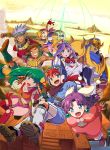  4boys 4girls absurdres backpack bag boots brown_hair collar dress earrings feena_(grandia) gadwin_(grandia) goggles goggles_on_head grandia grandia_i green_hair guido_(grandia) hat helmet highres jewelry justin_(grandia) kayama_kenji liete_(grandia) metal_collar midriff milda_(grandia) multiple_boys multiple_girls pointy_ears purple_hair rapp_(grandia) red_hair smile sue_(grandia) yellow_sky 