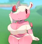 2020 :&gt; animal_crossing anthro big_head biped black_eyes blurred_background blush breasts cleavage clothed clothing crop_top curvy_figure female food food_creature gloves_(marking) hand_on_cheek hi_res humanoid_hands light_skin mammal markings merengue_(animal_crossing) nintendo outside overweight overweight_anthro overweight_female pale_skin panties pink_body pink_skin pink_tail portrait rhinocerotoid shirt smile solo somescrub standing three-quarter_portrait topwear underwear video_games voluptuous white_body white_skin wide_hips 