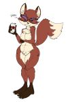  absurd_res anthro beverage breasts brown_body brown_hair canid canine chest_tuft coffee coffee_cup dialogue eyeshadow eyewear fangs female fox foxy_(planet_coaster) fur genitals glasses hair hi_res looking_at_viewer makeup mammal nipples nude planet_coaster pussy simple_background smile solo text tuft vinny_van_yiffy white_background 