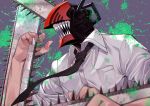  1boy absurdres arm_up black_neckwear chainsaw chainsaw_man collared_shirt denji_(chainsaw_man) dress_shirt grey_background highres huge_filesize kamekiti looking_away male_focus monster_boy necktie open_mouth paint_splatter sharp_teeth shirt sleeves_rolled_up solo teeth upper_body white_shirt 