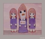  3girls black_eyes border dress english_text grey_border highres kapura long_hair looking_at_viewer multiple_girls no_mouth original pink_hair purple_dress shadow signature standing teeth 