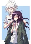  1boy 1girl ahoge apron bangs blue_background blush border collarbone collared_shirt commentary criis-chan danganronpa flying_sweatdrops green_jacket grey_hair hands_up jacket jacket_on_shoulders komaeda_nagito long_hair messy_hair mole mole_under_eye open_mouth pink_shirt purple_hair shirt short_sleeves skirt smile super_danganronpa_2 sweatdrop tsumiki_mikan upper_body white_apron white_border white_hair white_shirt 