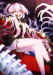  1girl :d armpits barbatos_(dungeon_defense) bare_shoulders breasts candy cluseller crossed_legs food gesugao hair_between_eyes horns lollipop long_hair looking_at_viewer open_mouth pointy_ears revealing_clothes sharp_teeth small_breasts smile solo teeth twintails white_hair yellow_eyes 