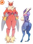  2015 amphibian anthro avian bedroom_eyes big_breasts big_butt bird blaziken breasts butt curvy_figure duo female genitals greninja half-closed_eyes hands_on_hips hi_res huge_breasts looking_back maniacpaint narrowed_eyes nintendo non-mammal_breasts nude oddrich pok&eacute;mon pok&eacute;mon_(species) pussy seductive smile thick_thighs tongue tongue_out video_games voluptuous wide_hips 