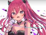  1girl ahoge bare_shoulders blue_nails blush breasts choker dot_nose fake_horns fang frills goma_(u_p) grace_(sound_voltex) hair_between_eyes headphones holding holding_microphone horns long_hair looking_at_viewer microphone multicolored multicolored_eyes music open_mouth pink_eyes pink_hair simple_background singing small_breasts solo sound_voltex string string_around_finger tagme triangle twintails white_background 