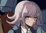  1girl bangs black_jacket blush collared_shirt commentary criis-chan danganronpa english_commentary eyebrows_visible_through_hair face flipped_hair grey_eyes hair_ornament hairclip jacket looking_at_viewer medium_hair nanami_chiaki parted_lips pink_hair shirt sketch smile solo super_danganronpa_2 white_shirt 