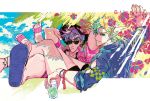  2boys alternate_costume anklet battle_tendency black_shorts black_tank_top bracelet caesar_anthonio_zeppeli clacker colorful crossed_legs cup day drink drinking_glass eyebrows_behind_hair facial_mark flip-flops flower food fourth_wall fruit hat holding holding_cup holding_drink jewelry jojo_no_kimyou_na_bouken joseph_joestar_(young) legs_on_another&#039;s_lap lemon lemon_slice light_smile looking_at_viewer looking_back looking_over_eyewear male_focus multicolored multicolored_eyes multicolored_hair multiple_boys nigelungdayo no_headband sandals shorts sleeves_pushed_up summer sun_hat sunglasses tank_top toes tropical wing_hair_ornament winged_hair_ornament 