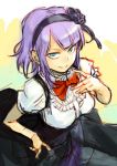  1girl breasts closed_mouth dagashi_kashi dress flower green_eyes hair_flower hair_ornament hairband hungry_clicker looking_at_viewer purple_hair shidare_hotaru smile solo 