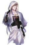  1boy belt blue_hair bracelet capelet collarbone cu_chulainn_(fate)_(all) cu_chulainn_(fate/grand_order) earrings fang fate/grand_order fate_(series) fur fur-trimmed_hood fur_trim grin highres hood hood_up hooded_capelet jewelry kuroda_matsurika long_hair male_focus red_eyes simple_background smile solo type-moon white_background 