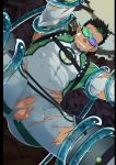  1boy alu379 arms_up ass ass_visible_through_thighs bara black_hair bodysuit bulge clenched_teeth covered_abs covered_navel dark_skin dark_skinned_male facial_hair flaccid glasses goatee green_hair grey_bodysuit kyoichi_(live_a_hero) live_a_hero male_focus multicolored_hair muscle pectorals penis_peek short_hair sideburns skin_tight slime solo spread_legs streaked_hair teeth tentacles tentacles_on_male testicles thick_thighs thighs torn_bodysuit torn_clothes twitching two-tone_hair 