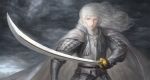  1boy armor berserk blue_eyes breastplate cape closed_mouth cloud cloudy_sky diaodiao gauntlets grey_sky grey_theme griffith_(berserk) highres holding holding_sword holding_weapon long_hair male_focus mountain outdoors pauldrons scratches shoulder_armor sky solo sword vambraces weapon white_cape white_hair 