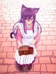  1girl absurdres animal_ear_fluff animal_ears apron bangs blush box brown_footwear cat_ears cat_girl cat_tail commentary_request eyebrows_visible_through_hair frilled_apron frills full_body gift gift_box hair_between_eyes hakama highres holding holding_gift incoming_gift iroha_(iroha_matsurika) japanese_clothes kimono long_hair long_sleeves maid_apron nose_blush original parted_lips pink_kimono purple_eyes purple_hair purple_hakama shoes solo standing tail very_long_hair wa_maid white_apron wide_sleeves 
